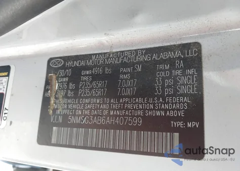 2010 Hyundai Santa Fe Gls from USA, damaged, VIN 5NMSG3AB6AH407599